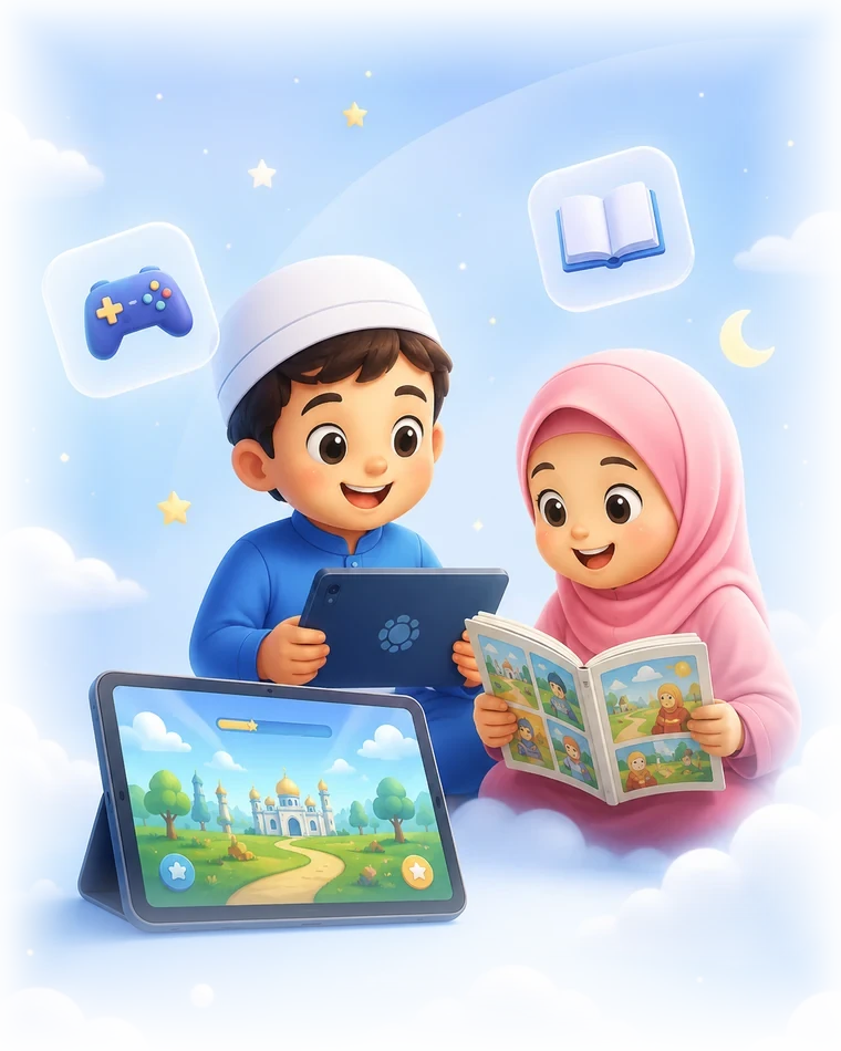 Karakter anak muslim memegang tablet dan komik